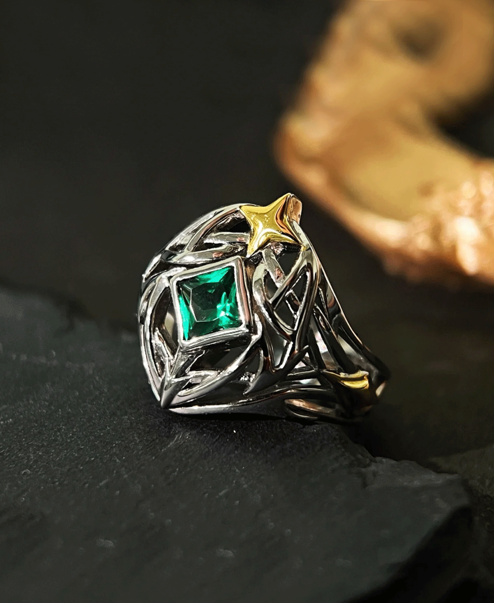 Starry guidance:Textured Unisex Ring Featuring Lab Ruby & Heavy 18K Gold Plated S925 Silver