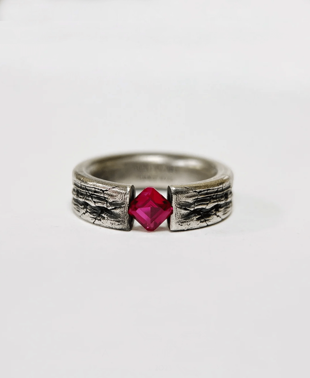 Antique-Finish Lab Ruby Ring with Special Inlay in 925 Silver