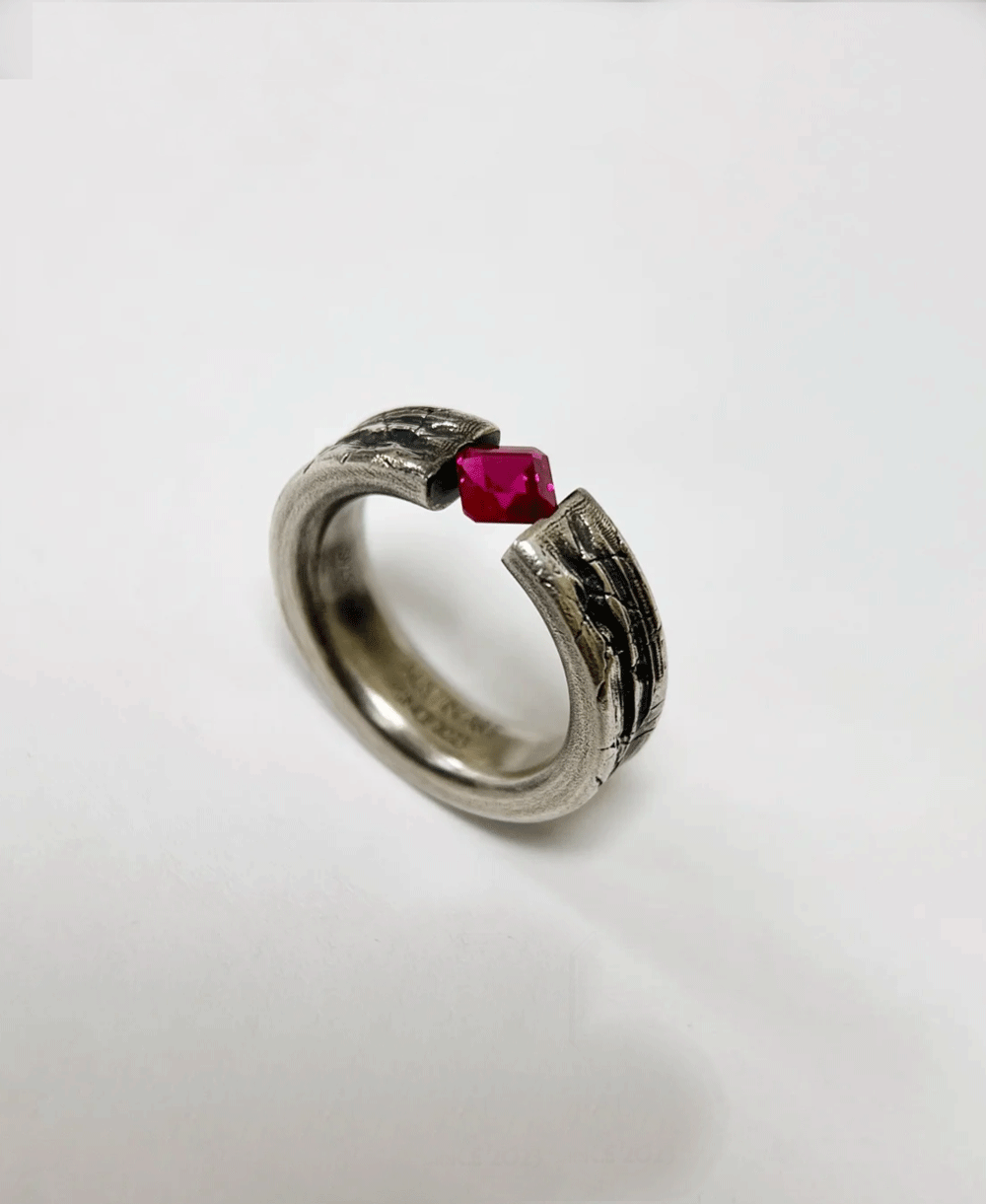 Antique-Finish Lab Ruby Ring with Special Inlay in 925 Silver