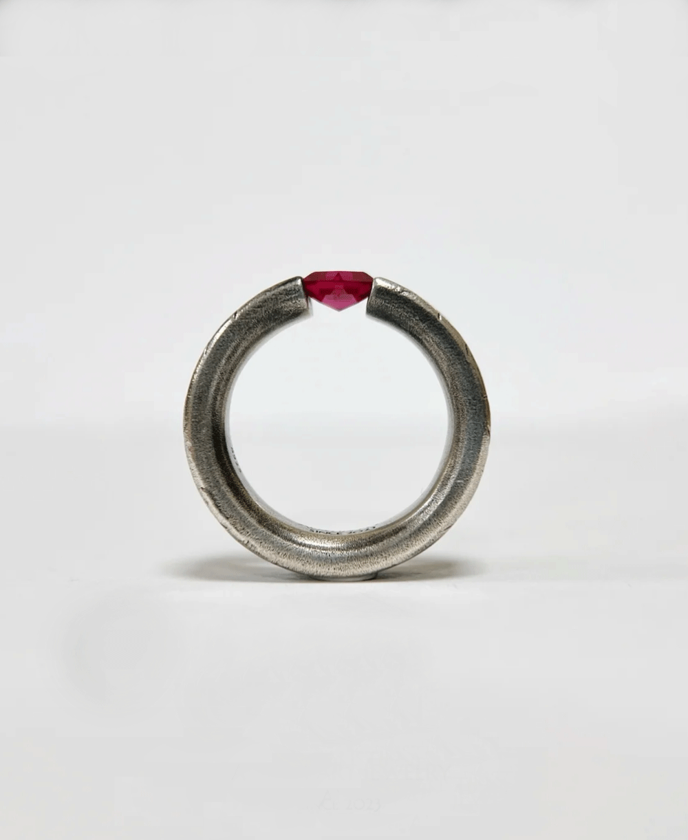 Antique-Finish Lab Ruby Ring with Special Inlay in 925 Silver