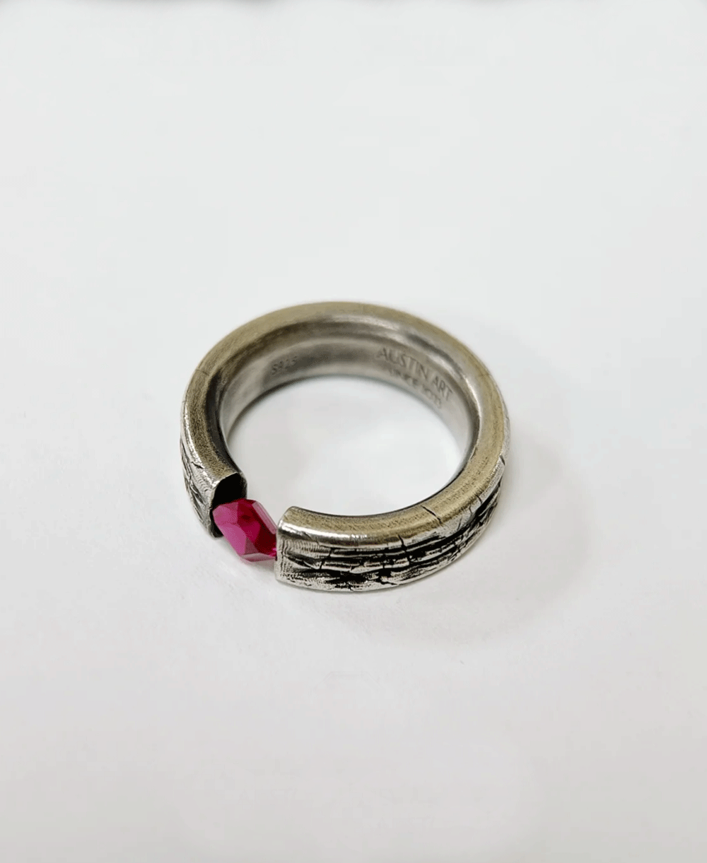 Antique-Finish Lab Ruby Ring with Special Inlay in 925 Silver